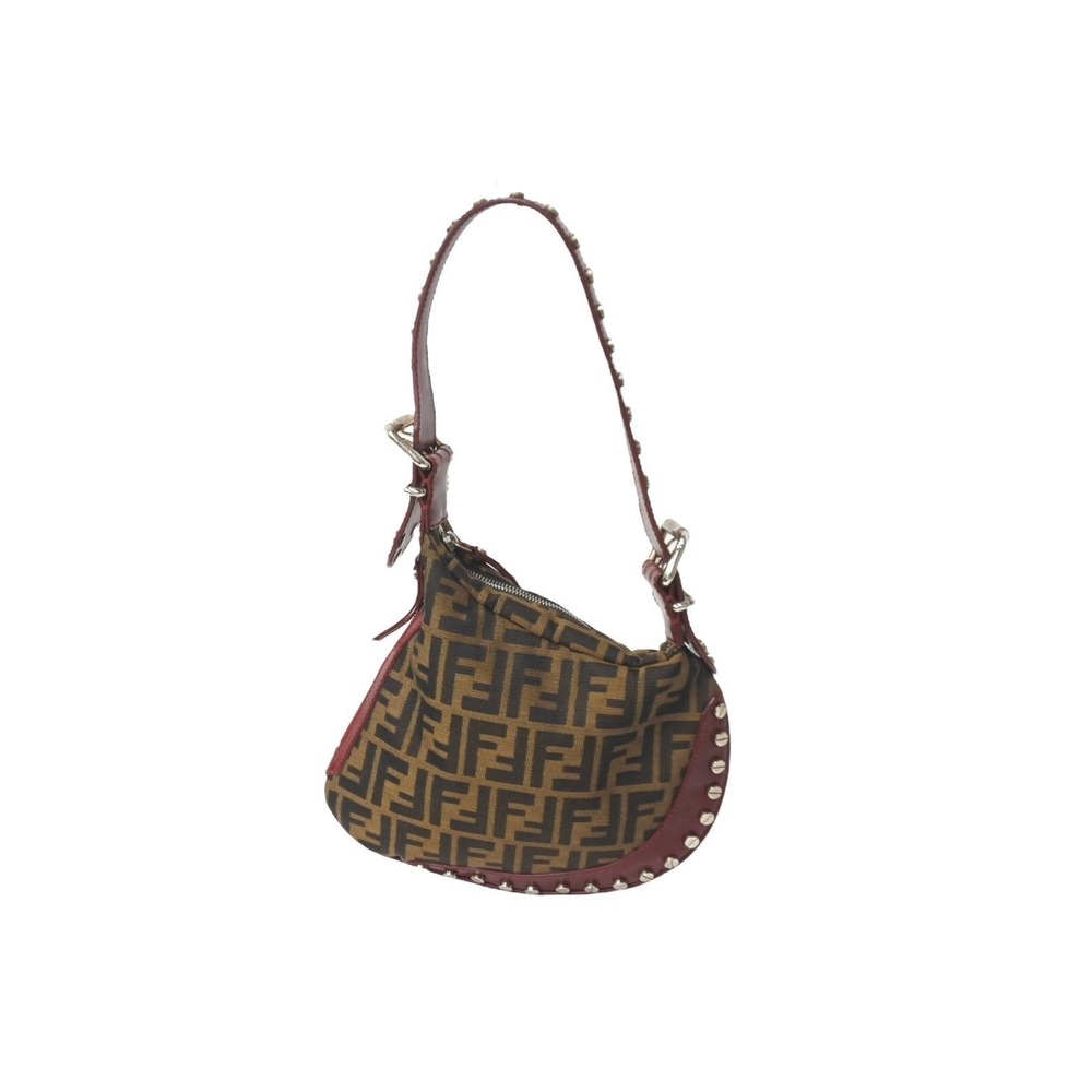 Fendi Zucca One Hobo Red Brown Studded Shoulder Bag Leather - Picture 2 of 10
